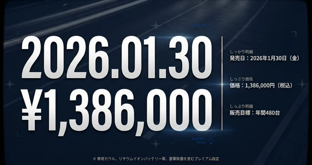 GSX-8TTの発売日が2026年1月30日、価格が1,386,000円（税込）であることを示すスライド。専用カウルやリチウムイオンバッテリー等のプレミアム装備についても言及