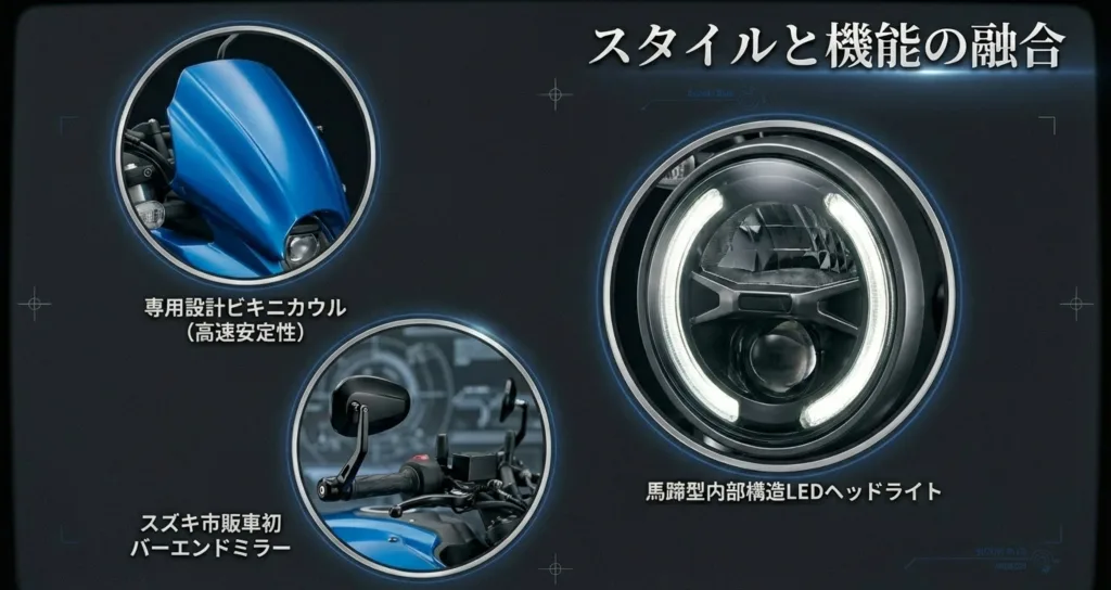 専用設計ビキニカウル、スズキ市販車初のバーエンドミラー、馬蹄型内部構造LEDヘッドライトの3つのクローズアップ写真を含むスライド。