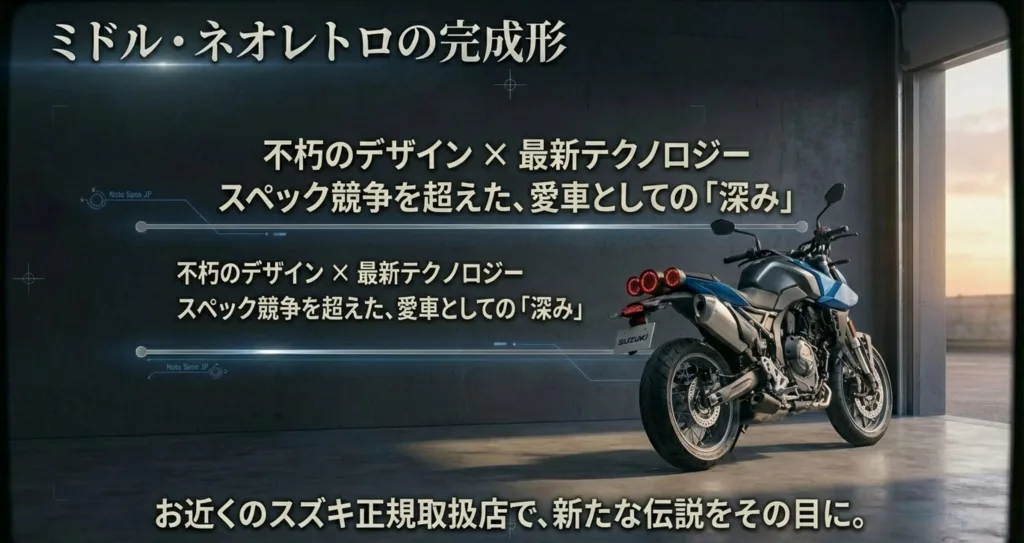「不朽のデザイン×最新テクノロジー」というキャッチコピーとともに、GSX-8TTの目指す「深み」を表現した結びのスライド。