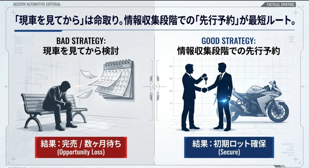 現車を見てから検討して機会損失する悪い戦略と、情報収集段階で先行予約して初期ロットを確保する良い戦略の比較図
