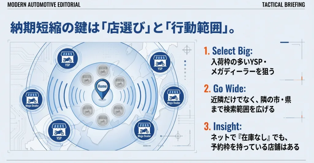 入荷枠の多いYSPやメガディーラーを狙い、自宅から隣の市や県まで検索範囲を広げるディーラー探しの概念図