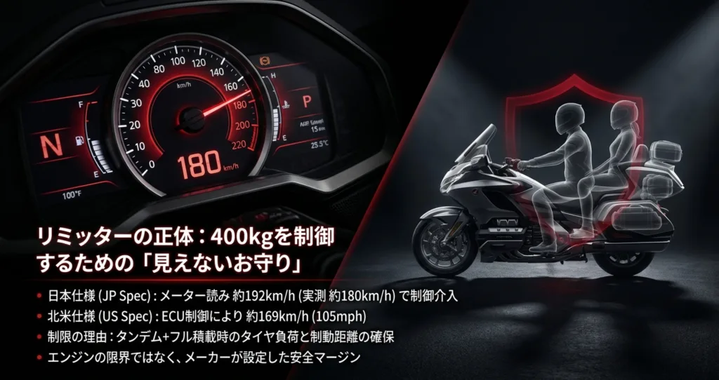 日本仕様の約180km/h、北米仕様の169km/hのリミッター設定と、タンデム・フル積載時の安全マージンを解説するスライド