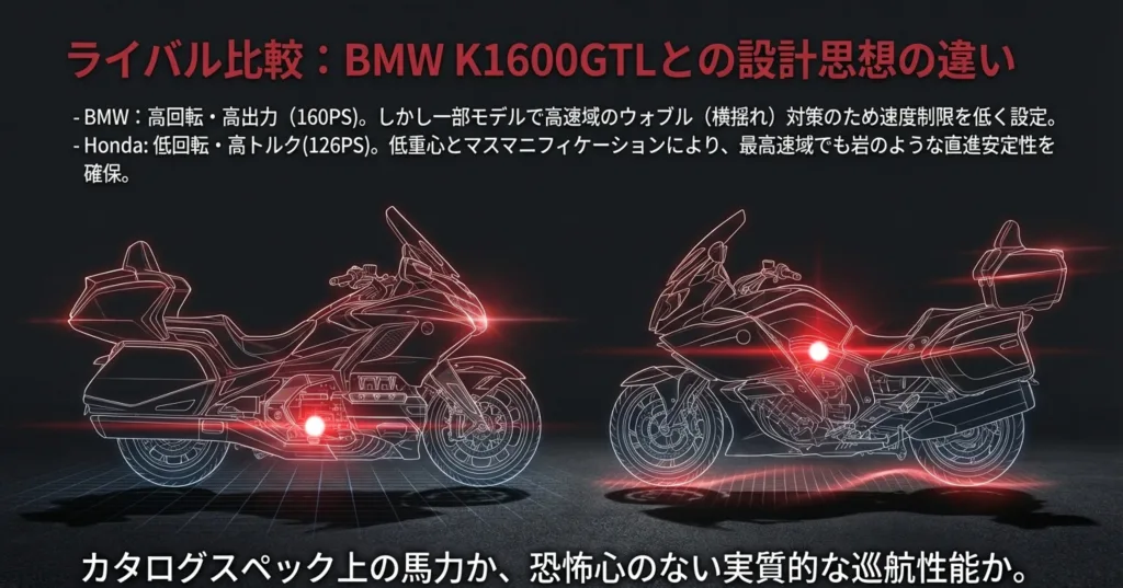 BMWの高出力によるウォブル対策と、ホンダの低回転・高トルクによる直進安定性の優位性を比較したスライド