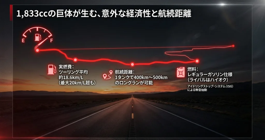 ツーリング平均実燃費約18.6km/L、1タンクで400km〜500kmの航続が可能で、レギュラーガソリン仕様であることを示すスライド