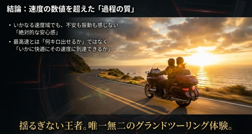 最高速の数値ではなく、いかに快適に到達できるかという絶対的な安心感とグランドツーリング体験を結論づけるスライド