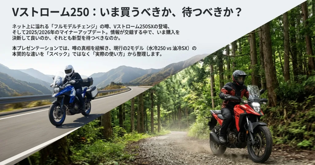Vストローム250の購入時期を迷っている人に向けた、現行モデルと噂の真相を整理するプレゼンテーションの表紙スライド。