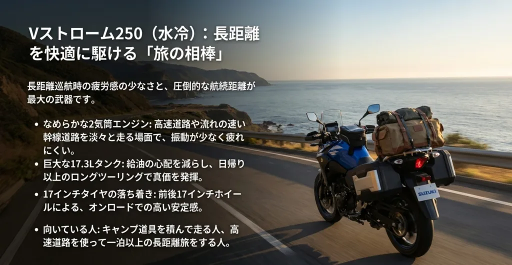 水冷Vストローム250の特徴である、なめらかな2気筒エンジン、17.3Lタンク、17インチタイヤの安定感と、長距離旅に向いていることを解説したスライド。