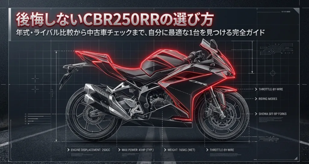 ホンダCBR250RRのスタイリッシュな外観とスロットルバイワイヤなどの主要スペックを示すイメージ画像