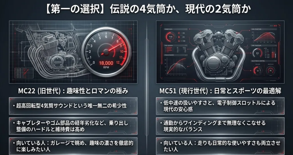 超高回転型の旧世代4気筒エンジン（MC22）と、低中速から扱いやすい現行2気筒エンジン（MC51）の特性比較図