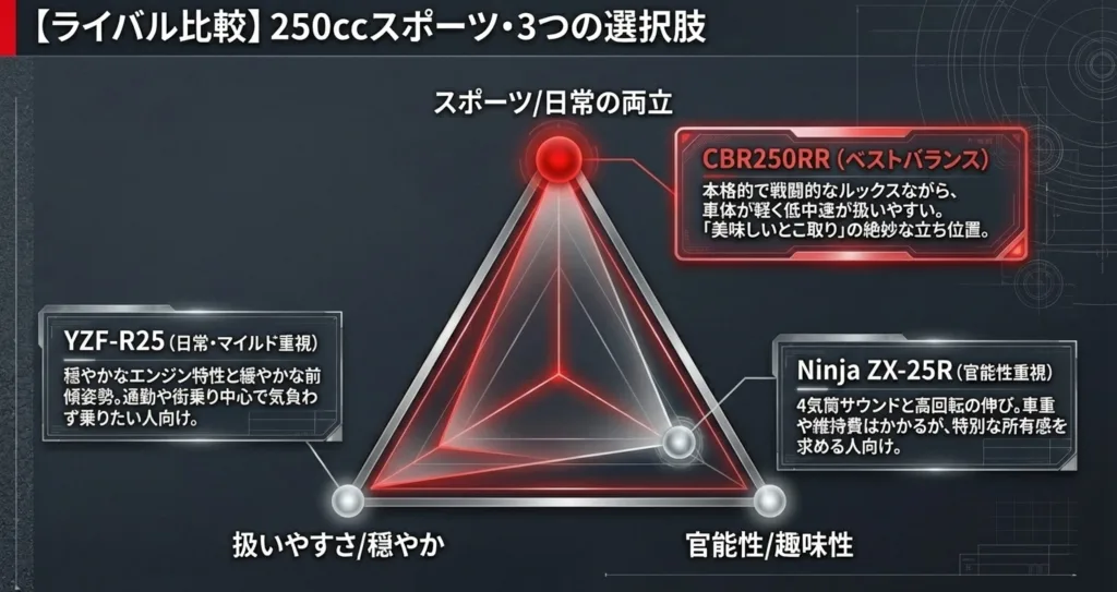 CBR250RR、YZF-R25、Ninja ZX-25Rの3車種を、スポーツ・日常の両立、扱いやすさ、官能性の軸で比較した図解