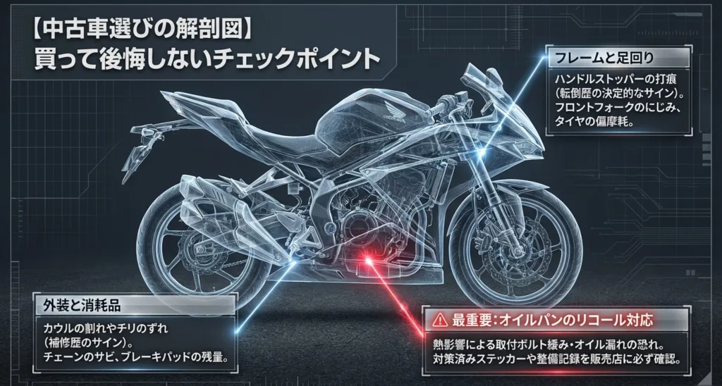 中古のCBR250RRを購入する際に確認すべき、フレーム・足回り、外装・消耗品、オイルパンのリコール対応箇所を示す図