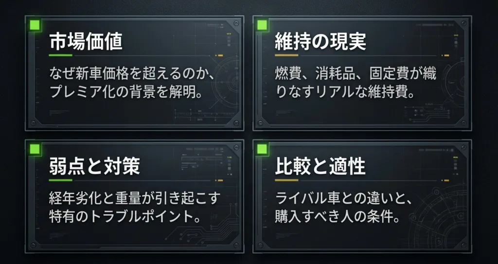 市場価値、維持の現実、弱点と対策、比較と適性の4つのテーマが書かれた目次スライド