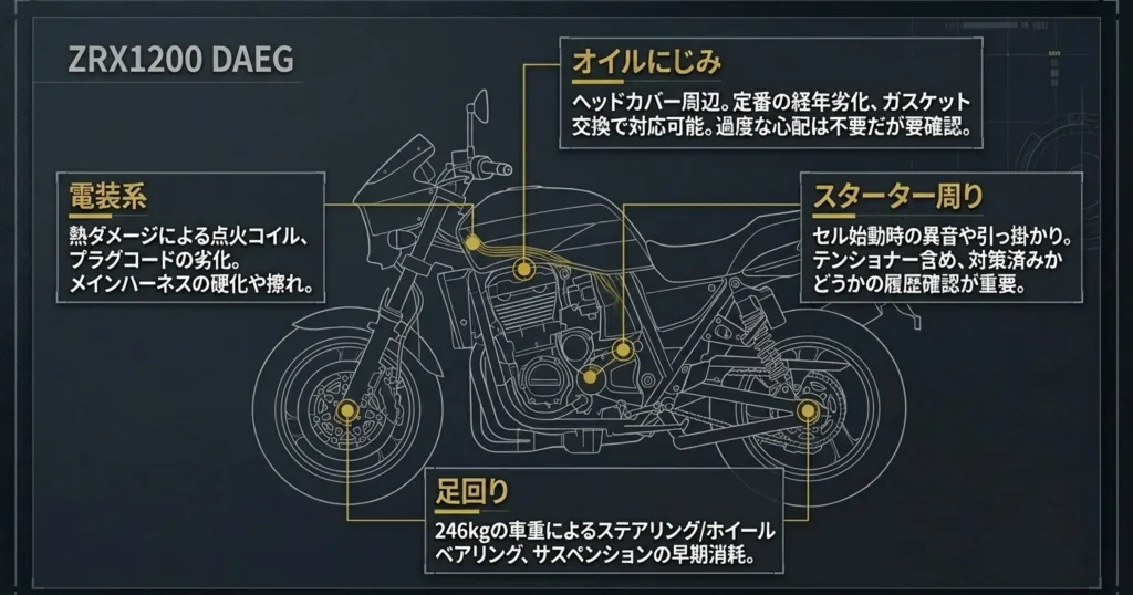 ZRX1200 DAEGの車体イラストとともに、電装系の熱ダメージ、ヘッドカバーのオイルにじみ、スターター周り、足回りの注意点を解説した図