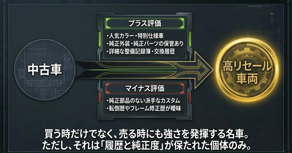 中古車市場における高リセール車両の条件として、純正外装や整備記録などのプラス評価と、派手なカスタムなどのマイナス評価をまとめた一覧