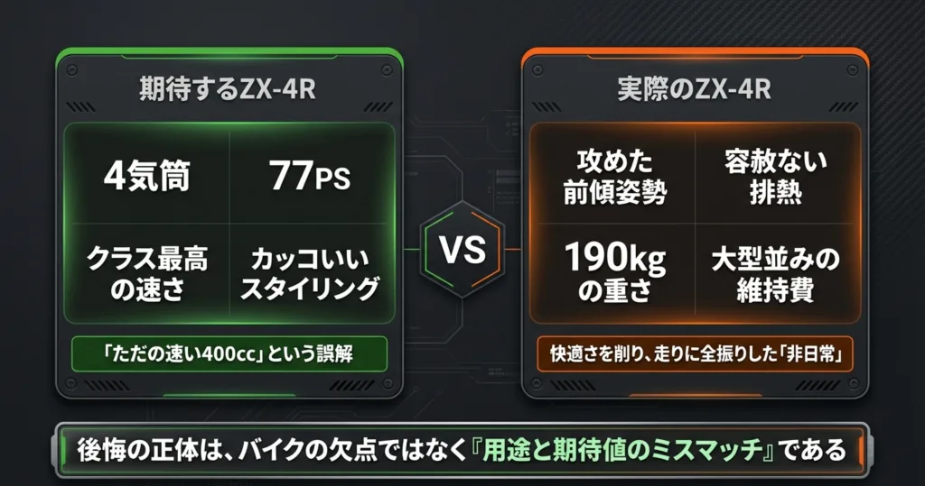 ZX-4Rに期待する「速さやカッコよさ」と、実際に直面する「前傾姿勢・排熱・重さ・維持費」のギャップを示す図解