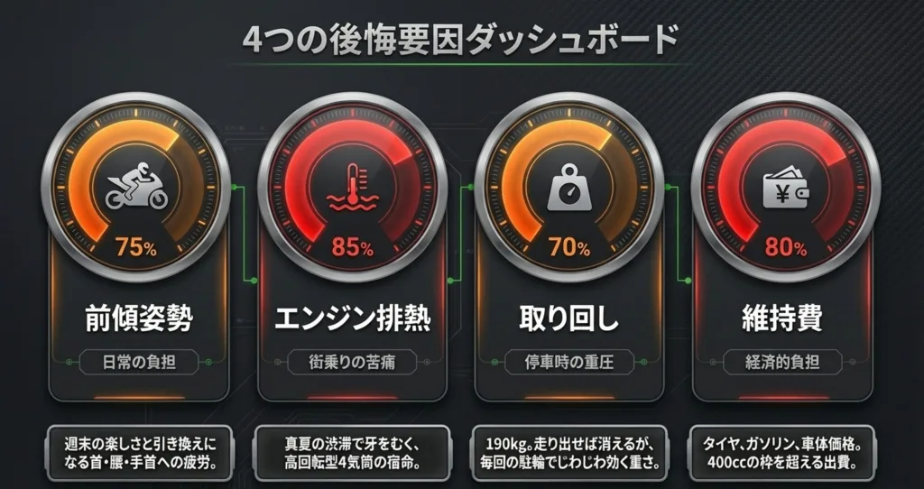 ZX-4Rの後悔要因である前傾姿勢、エンジン排熱、取り回しの重さ、維持費の負担割合を示したダッシュボード画像