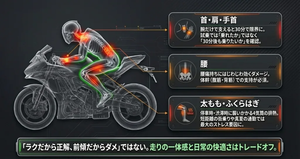 ZX-4R乗車時の深い前傾姿勢が、首・肩・手首、腰、太もも・ふくらはぎに与えるダメージを解説した生体力学図