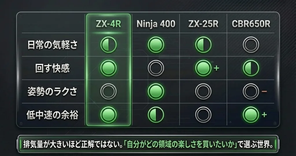 ZX-4Rと競合車種(Ninja400、ZX-25R、CBR650R)について、日常の気軽さ、回す快感、姿勢のラクさ、低中速の余裕を比較した表