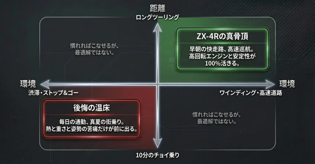 ZX-4Rが最も活きるロングツーリングや高速道路と、後悔の温床となる渋滞やチョイ乗りの適性を示したグラフ