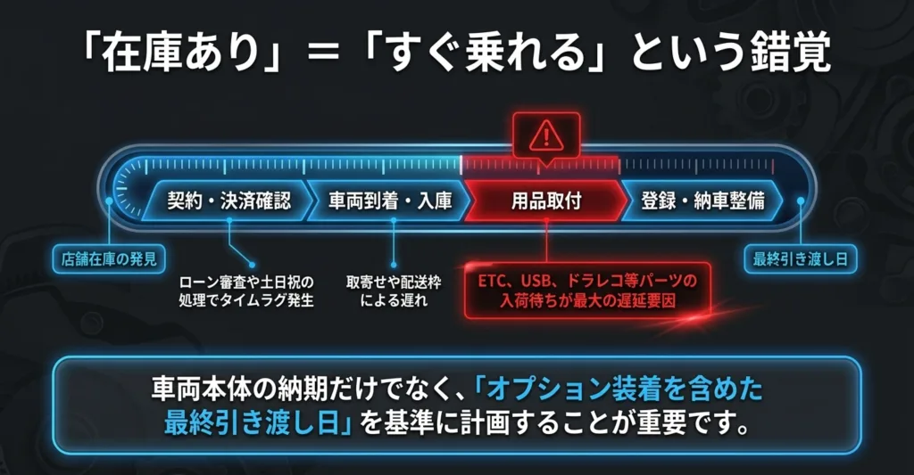 契約・決済確認から車両到着、用品取付、登録・納車整備を経て最終引き渡し日に至るまでの納期の流れと、遅延要因（ローン審査、配送枠、パーツ入荷待ち）を解説したタイムライン図。 スライド4：4つの必須確認事項