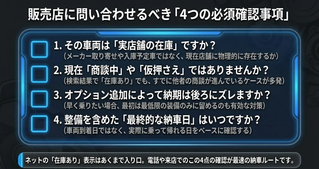 最速の納車ルートを確保するために販売店に確認すべき、実店舗在庫の有無、商談中の有無、オプション追加による納期ズレ、整備を含めた最終納車日の4項目をまとめたリスト。