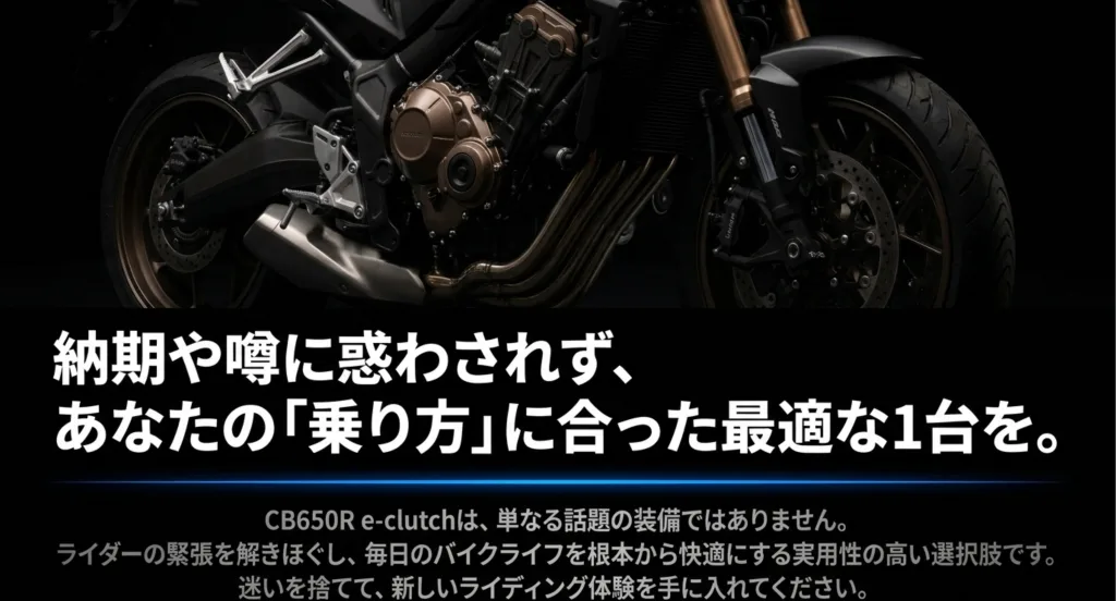 納期や噂に惑わされず、あなたの乗り方に合った最適な1台を。CB650R e-clutchは毎日のバイクライフを根本から快適にする実用性の高い選択肢です、という締めくくりのメッセージ。