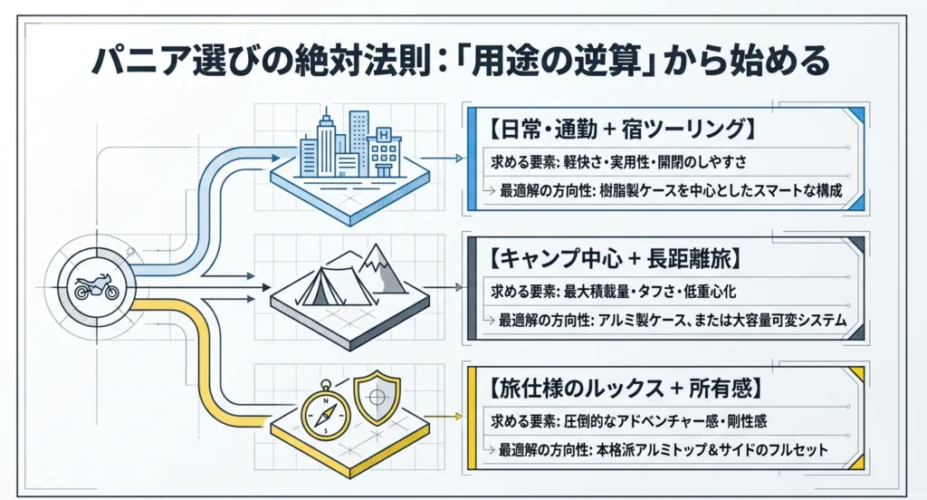 Vストローム800の用途別フルパニア構成（日常・通勤、キャンプ・長距離旅、旅仕様のルックス）を示す図解