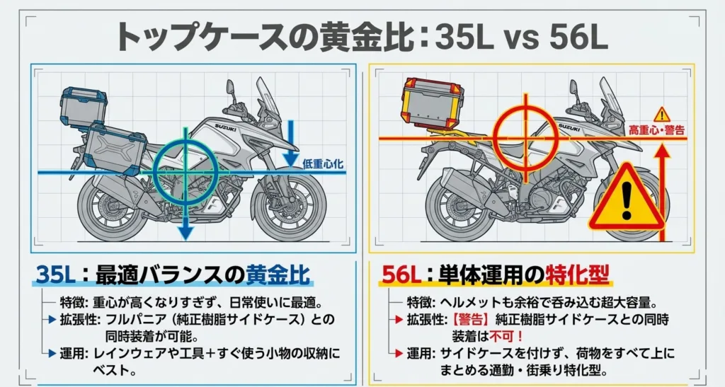 Vストローム800における35Lトップケースと56Lトップケースの重心バランスと、純正樹脂サイドケースとの同時装着不可に関する警告