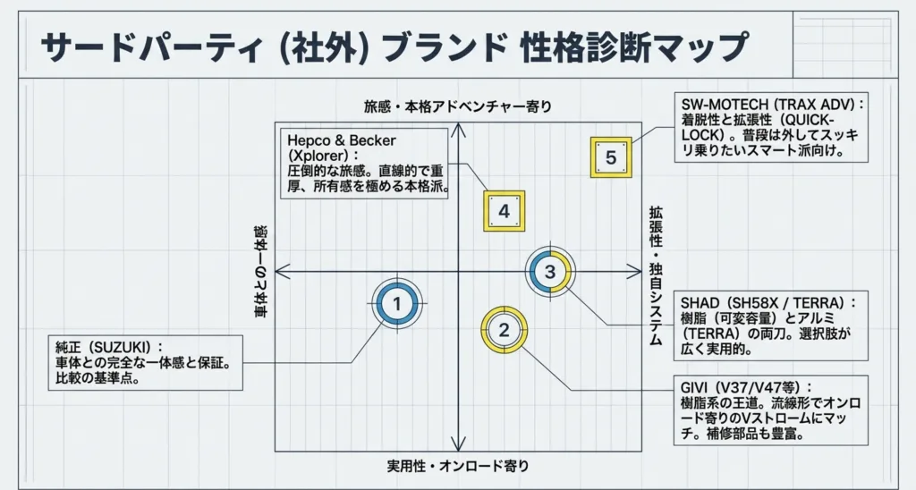 純正、GIVI、SHAD、ヘプコ＆ベッカーなどVストローム800対応フルパニアブランドの性格診断マップ