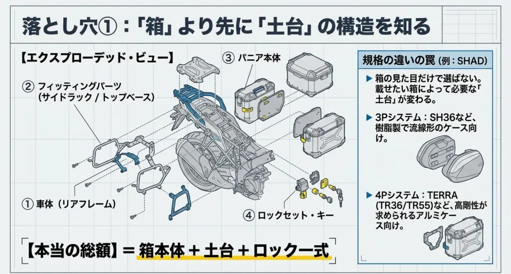 パニア本体だけでなくフィッティングパーツ（土台）が必要となる構造分解図と、SHADの3Pシステム・4Pシステムの違い