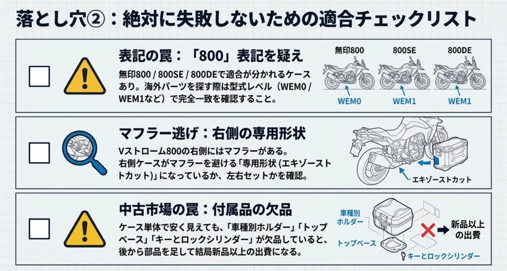 Vストローム800（無印/SE/DE）の適合チェックポイント、マフラー逃げ専用形状、中古品購入時の欠品トラブル警告