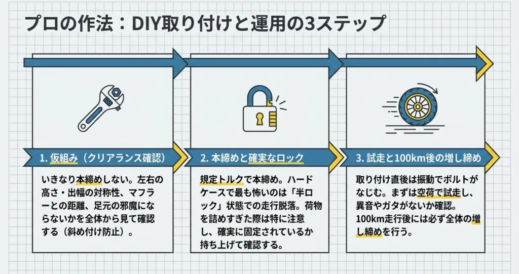Vストローム800へのパニアケースDIY取り付け手順（クリアランス確認の仮組み、本締め、増し締め）の3ステップ