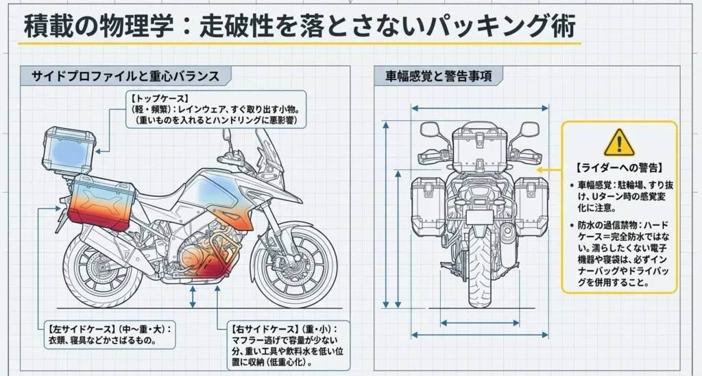 トップケースやサイドケースへの正しい荷物の積み方（重心バランス）と、フルパニア装着時の車幅感覚・防水に関する警告