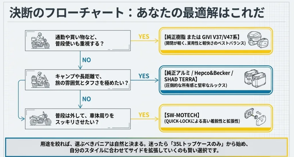 日常使い、キャンプ、脱着性から自分に合ったフルパニア（純正、GIVI、SHAD、SW-MOTECH等）を見つけるYES/NOフローチャート
