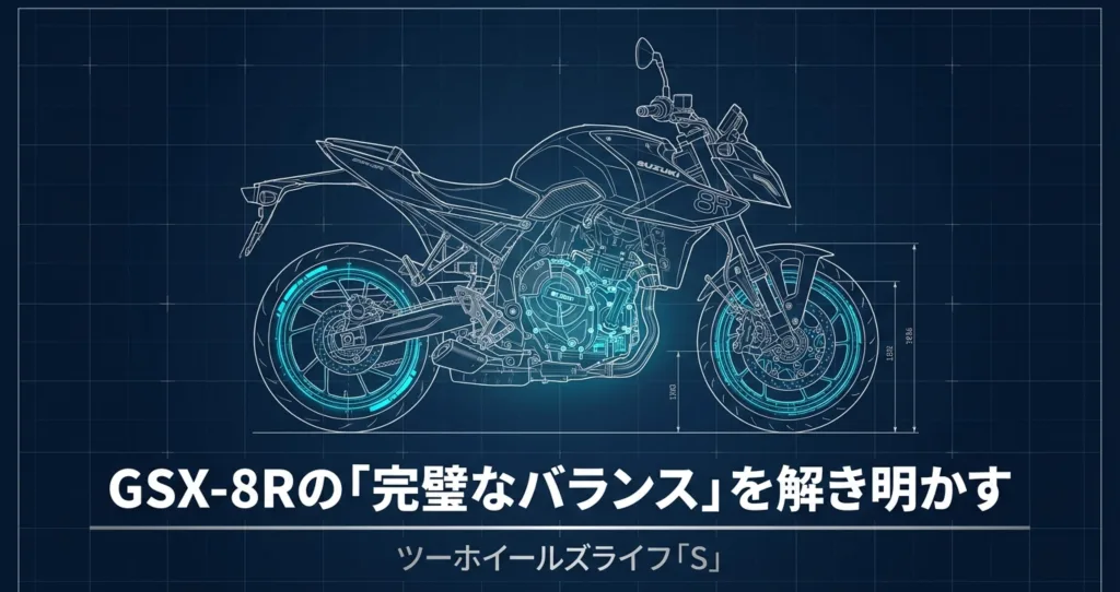 GSX-8Rの設計図面風イラストとタイトル「GSX-8Rの完璧なバランスを解き明かす」