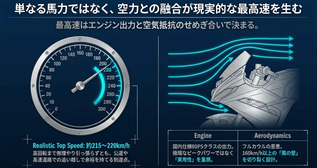 フロントカウル周辺の空気の流れを示すイラストと、GSX-8Rの現実的な最高速が約215〜220km/hであることを解説する図解