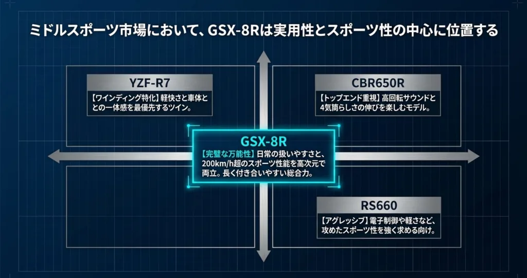YZF-R7、CBR650R、RS660とGSX-8Rの特性を比較し、実用性とスポーツ性の中心に位置づけるマトリクス図