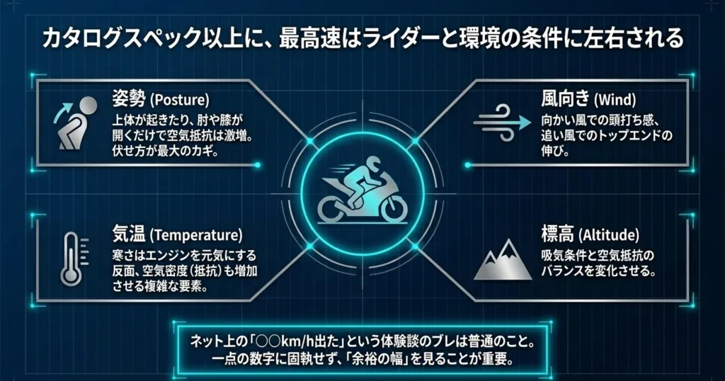 姿勢、風向き、気温、標高といった外的要因がモーターサイクルの最高速に与える影響を解説する図解
