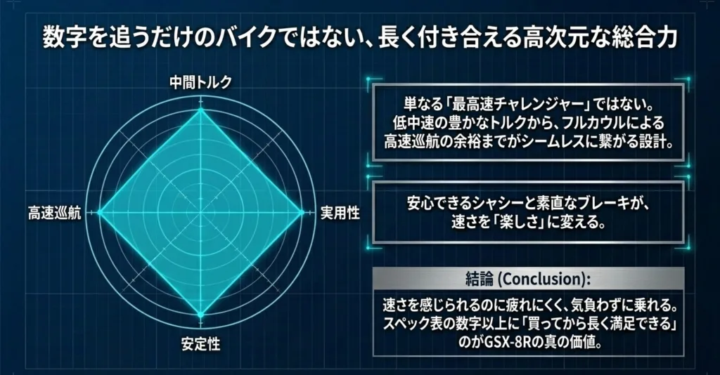 GSX-8Rの最高速、中間トルク、高速巡航、安定性を総合し、長く満足できる価値があることを示すまとめの図解