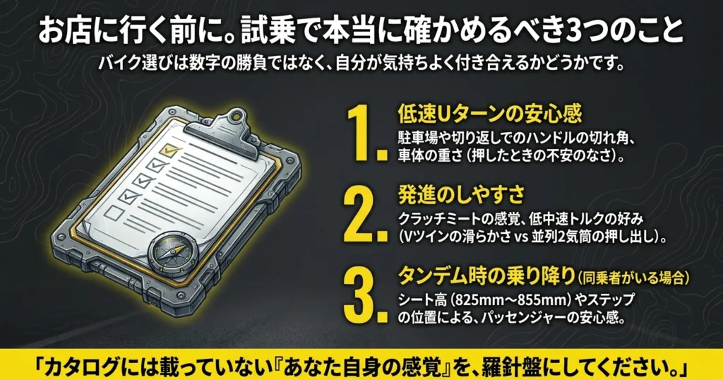 お店に行く前に確認したい、低速Uターン、発進のしやすさ、タンデムの乗り降りの3つのチェックリスト