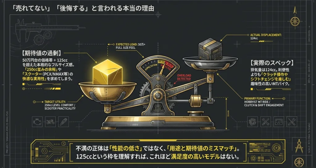 XSR125の価格帯に対する期待値の過剰と実際のスペックのミスマッチを解説する天秤の図解