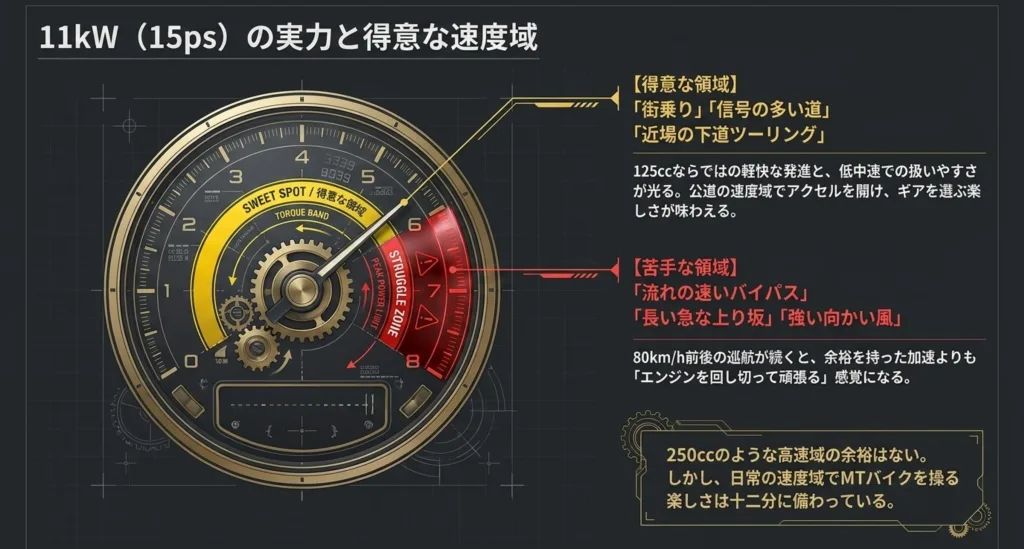 XSR125の11kW（15ps）エンジンの得意な領域（街乗り）と苦手な領域（バイパス等）を示すメーター風の図解
