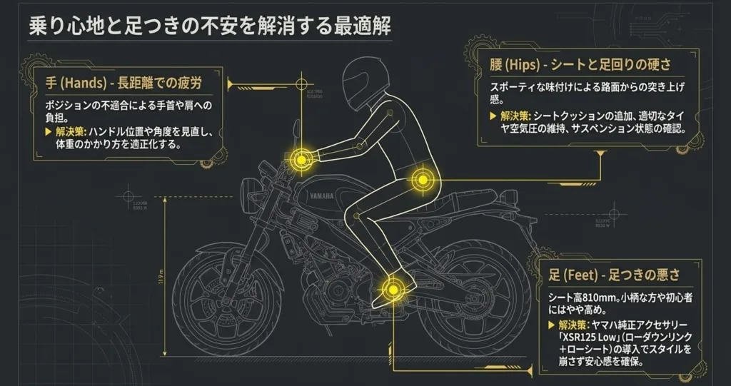 長距離での疲労、シートの硬さ、足つきの悪さといったXSR125の人間工学的な不満点と解決策を示すライダーの図解